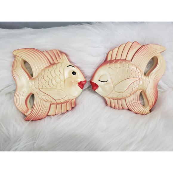 Vintage 1964 Miller Studio Chalkware Plaques 2-Pc. Pair Kissing Fish MCM Kitsch‎ - Picture 11 of 11